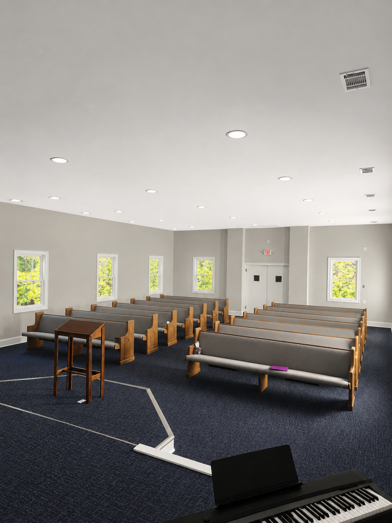 Church Renovations from Fire Restoration. Installation of new pews. carpet. drywall. electrical and light. HVAC