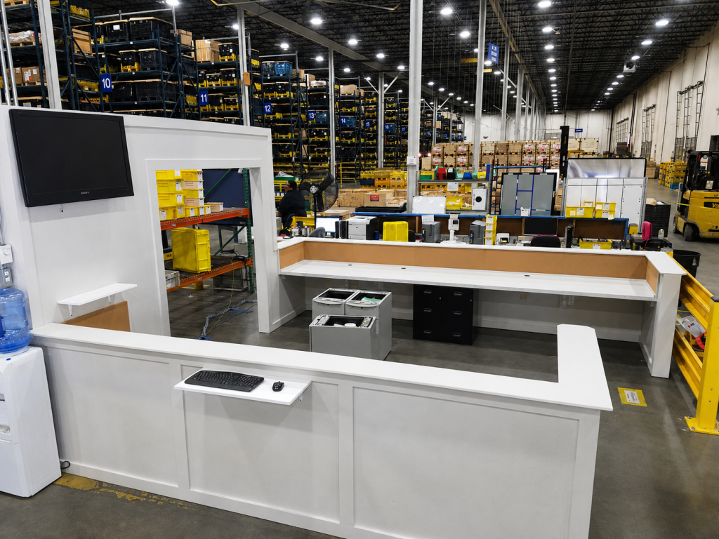 Installation of Custom Industrial Warehouse workstation. electrical. data. guard rails. office furniture